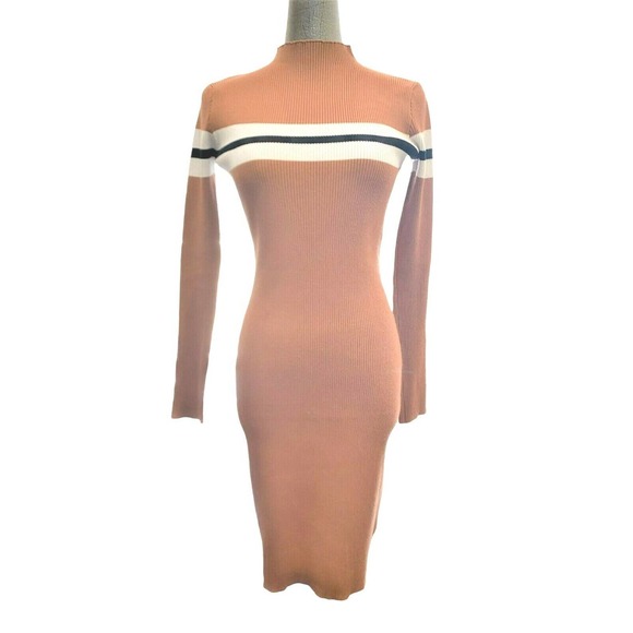 Lulus Tan Ribbed Mock Neck Sweater Dress Small - Picture 1 of 3